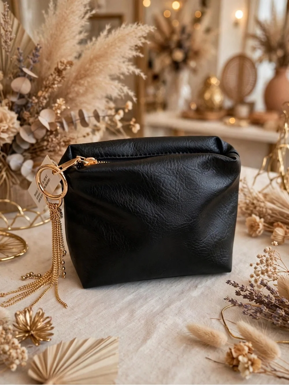 Black Leather Cosmetic Pouch with Gold Tassel
